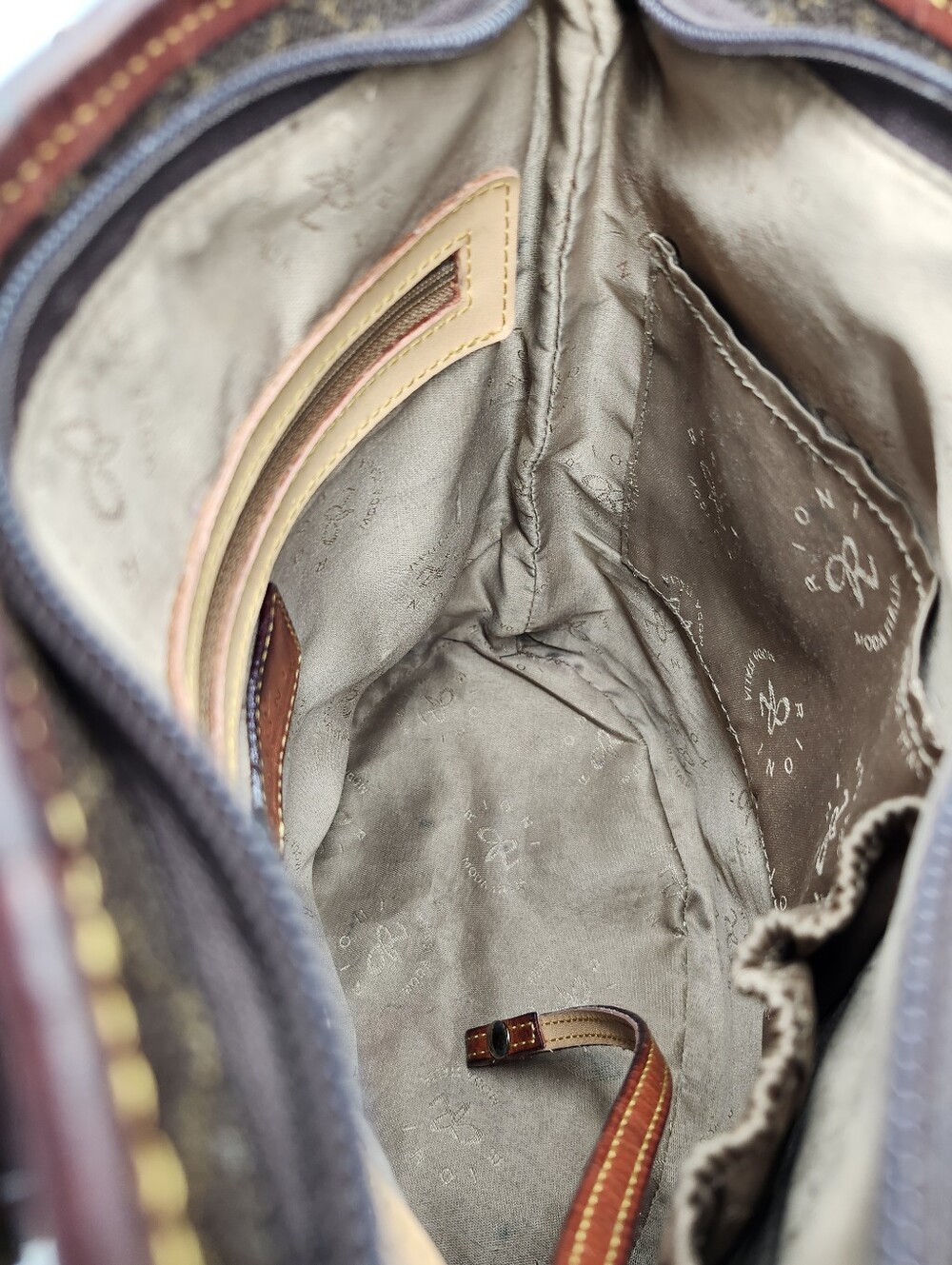 Rioni Brown Coated Canvas Gold Monogram Pattern & Leather Shoulder Bucket Bag - Picture 10 of 14